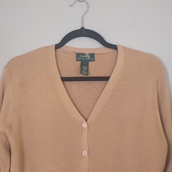 Lauren Ralph Lauren Silk Classic Camel Button Down Quiet Luxury V Neck Cardigan - Picture 3 of 7